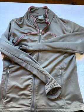 Women's Taupe Full-Zip Jacket with Pink Trim